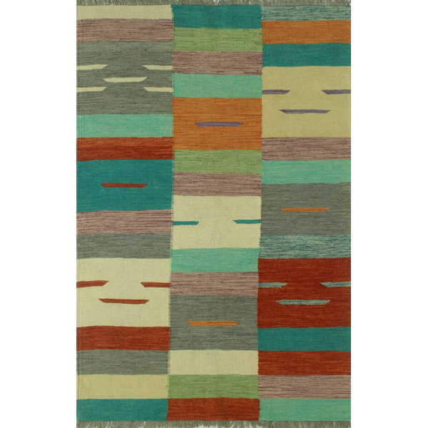 Union Rustic Bustamonte Handmade HandKnotted Wool Gray/Blue/Red Rug